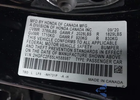 2020 Honda Civic Lx z USA, uszkodzony, nr VIN 2HGFC2F65LH588987